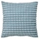A soft, pale blue square cushion with a textured, patterned cover made from recycled polyester.