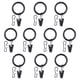 Black SYRLIG curtain ring set, 12 pieces with clips or hooks, abs plastic and steel, circular shape, versatile design.