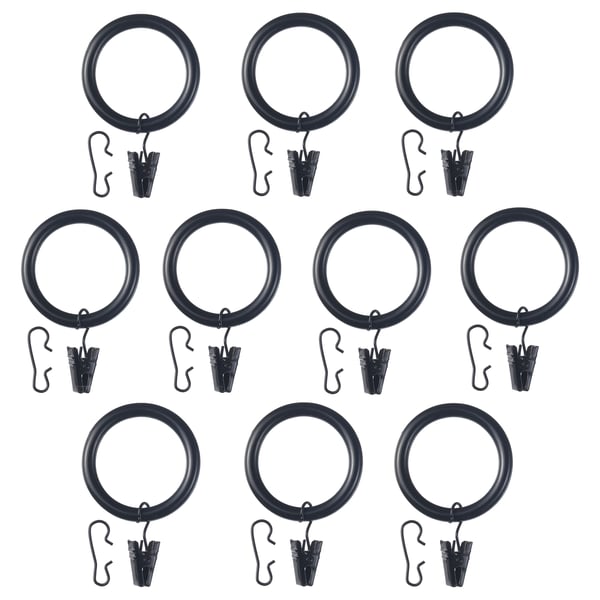 Black SYRLIG curtain ring set with hooks and clips, abs plastic and steel, circular design.