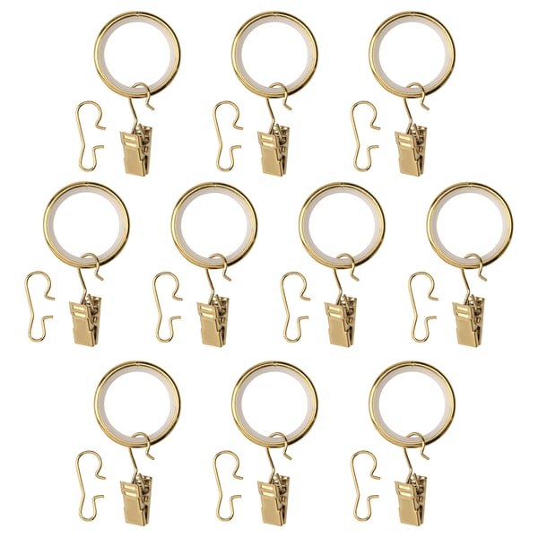 Twelve gold curtain ring sets: 6 with clips, 6 with hooks, circular design, brass-toned metal, polyethylene lining.