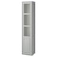 TÄNNFORSEN tall grey cabinet with glass doors. Classic, light grey with bevelled panels, wall-mountable.