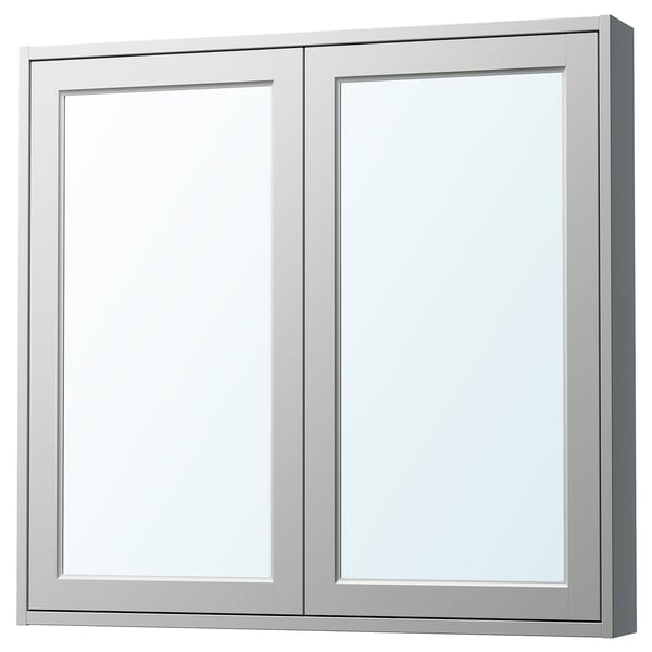 TÄNNFORSEN mirror cabinet: grey, rectangular, bevelled panels, wall-mounted, light grey finish.
