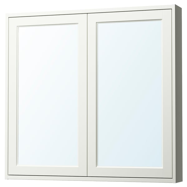 TÄNNFORSEN mirror cabinet, white, square, bevelled panels, glass doors, wall-mount.