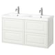 A TÄNNFORSEN white double bathroom vanity with two sinks and faucets, featuring classic design with beveled panels.