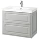 Elegant wall-mounted light grey bathroom cabinet with ceramic sink and beveled edges.