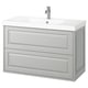 Wall-mounted light grey bathroom vanity, rectangular with two drawers, ceramic sink, chrome faucet.