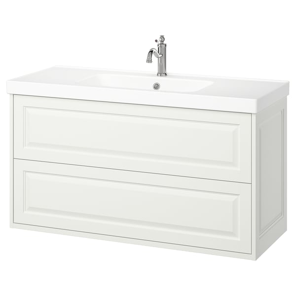 TÄNNFORSEN bathroom vanity in white with two drawers, rectangle shape, classic design.