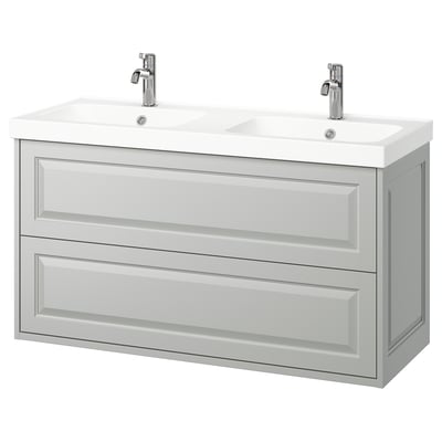 TÄNNFORSEN light grey wall-mounted bathroom vanity, double basin, bevelled edges.