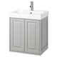 TÄNNFORSEN light grey bathroom vanity. Wall-mounted with double doors, bevelled edges, ceramic basin, and chrome tap.