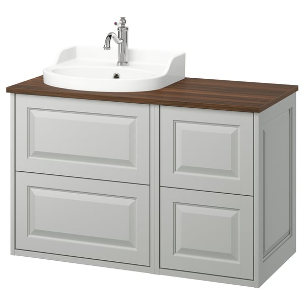 TÄNNFORSEN light grey bathroom vanity with 4 drawers, wooden countertop, ceramic sink, and metallic tap.
