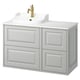 A TÄNNFORSEN light grey bathroom vanity set with a white marble countertop and a gold fixtures sink.