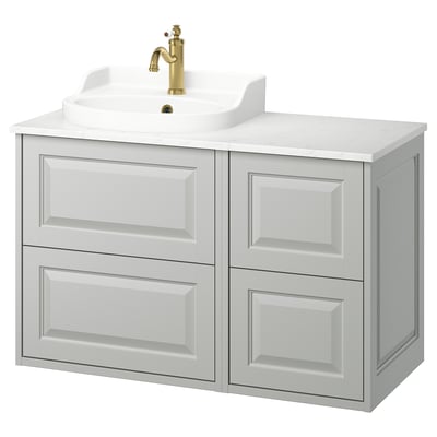 A TÄNNFORSEN light grey bathroom vanity set with a white marble countertop and a gold fixtures sink.