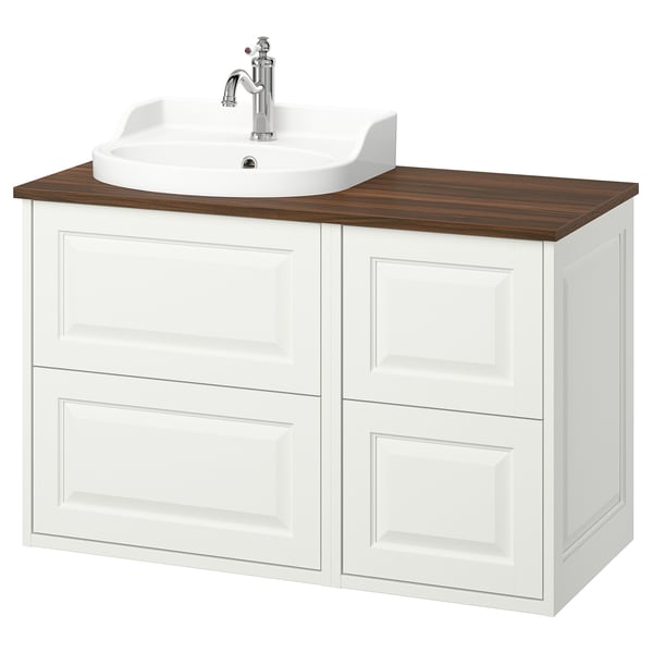 TÄNNFORSEN white bathroom cabinet with 4 drawers, wooden countertop, and ceramic sink.