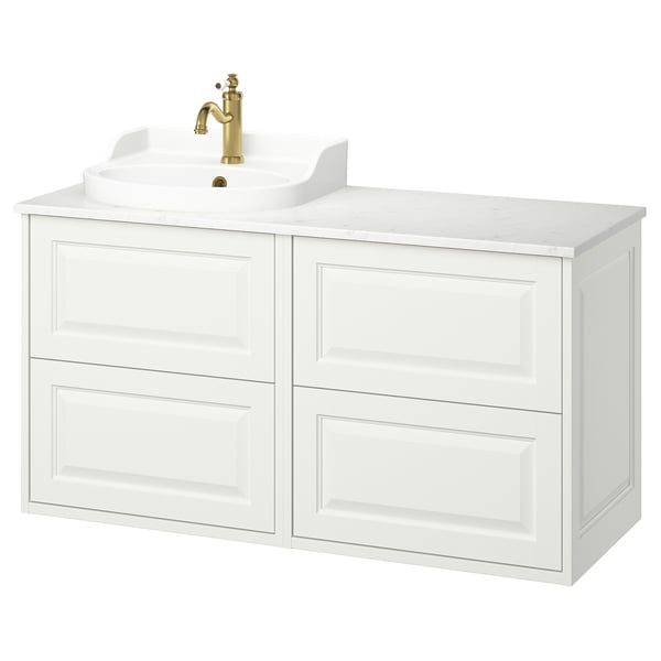 A white TÄNNFORSEN bathroom cabinet with two drawers and a marble countertop. It a classic design with a gold tap.