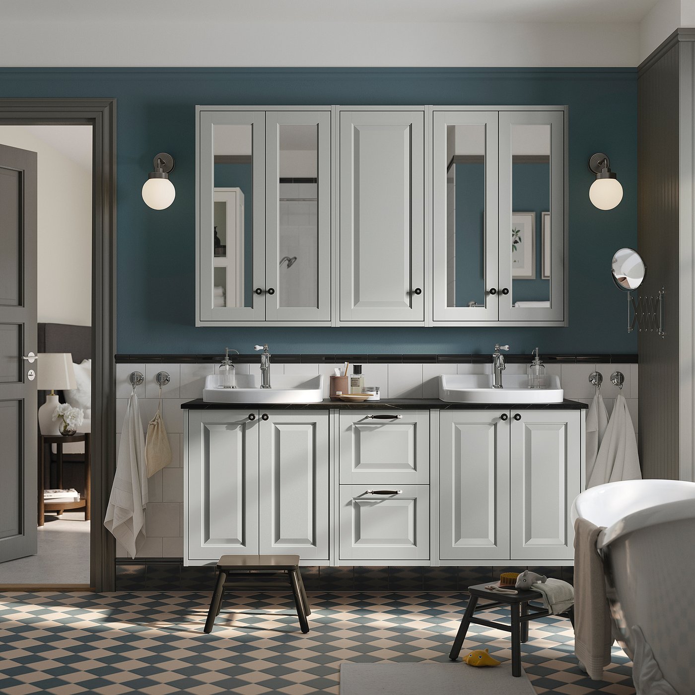Modern grey bathroom cabinets, double sink, wall-mounted, dark green walls, checkerboard floor, round lights, towels, stool.