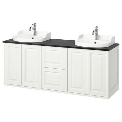 White TÄNNFORSEN double vanity set with sinks, chrome faucets, and dark countertop.