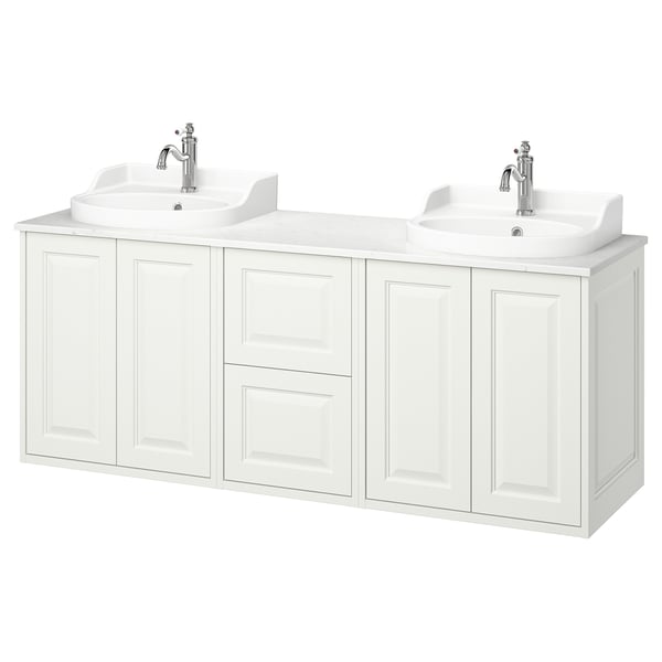 White TÄNNFORSEN double vanity with sinks, cabinets, chrome fixtures.