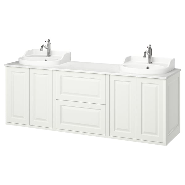 TÄNNFORSEN white double sink vanity, classic design, wall-mounted, ceramic basins.