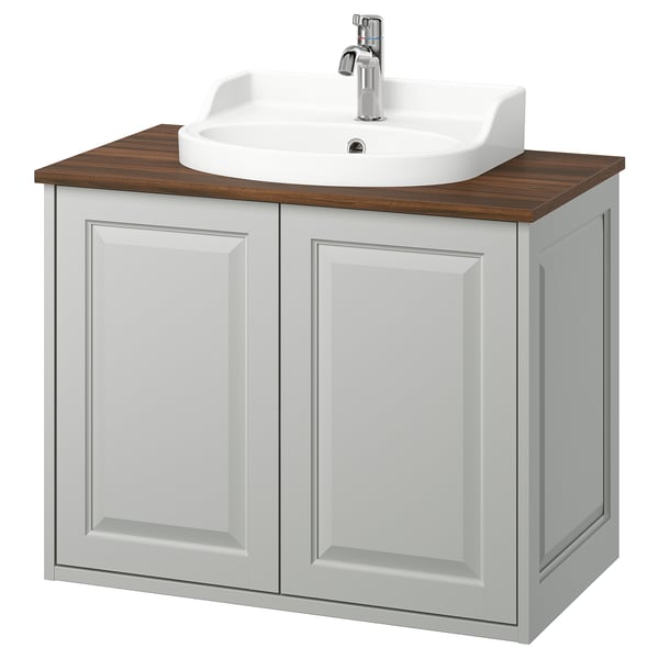 TÄNNFORSEN vanilla sink cabinet: wall-mounted, light grey, wooden top, ceramic basin, two doors.