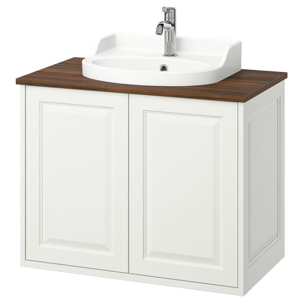 TÄNNFORSEN white cabinet, wooden top, sink, chrome tap.