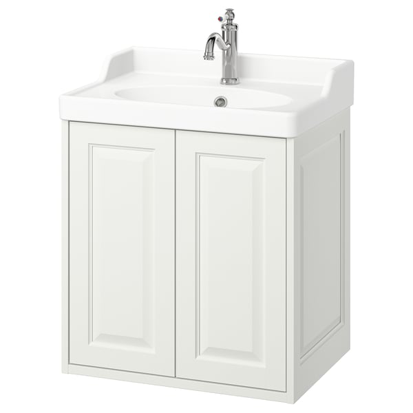 White TÄNNFORSEN vanity: classic design, bevelled edges, single sink, chrome tap.