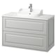 TÄNNFORSEN light grey bathroom cabinet with marble top, semi-recessed basin, and silver faucet.