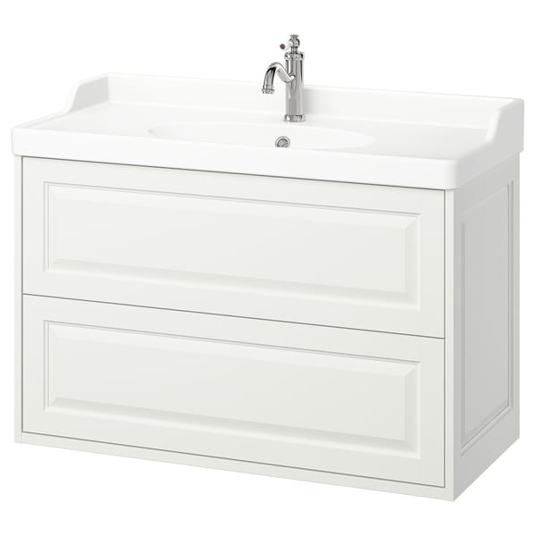 TÄNNFORSEN white bathroom cabinet, classic design with bevelled edges, two drawers, ceramic sink, chrome tap.