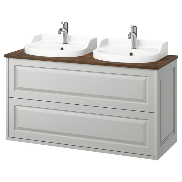 TÄNNFORSEN: light grey dual sink vanity. Wood & melamine. Wall mount, 2 drawers. Modern craft style.