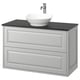 Elegant light grey wall-mounted bathroom vanity with two drawers and a round white sink on a dark countertop.