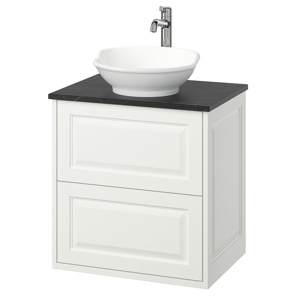 White TÄNNFORSEN vanity with black marble top, round ceramic sink, chrome tap, wall-mounted, classic bevelled edges.