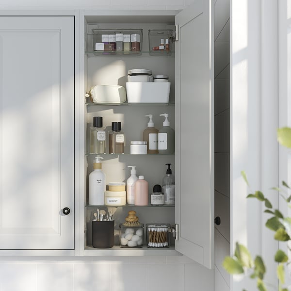 Organised bathroom cabinet with adjustable shelves, holding toiletries and makeup, mounted on wall.
