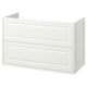 A white TÄNNFORSEN bathroom vanity with classic details and bevelled edges. It two drawers and is designed for wall mounting.