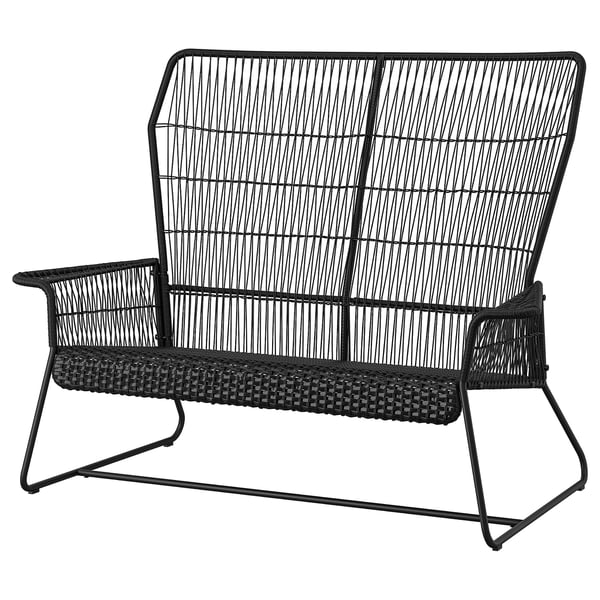 TALLSKÄR: modern black outdoor loveseat, woven plastic rattan, concise design, comfortable seating.