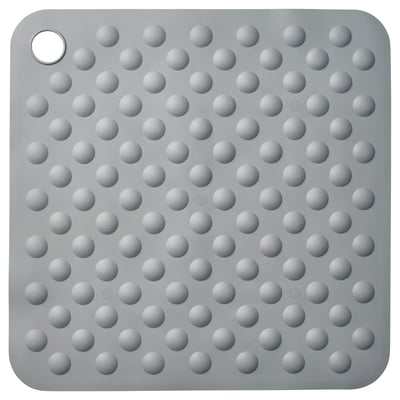 Grey square bath mat with numerous small dots; synthetic rubber; suction cups for stability.