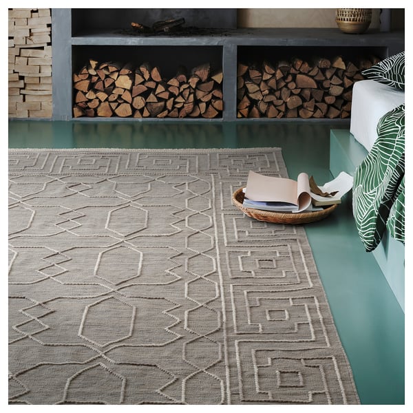 TÅRGRÄS rug, beige, wool, rectangular, geometric pattern.