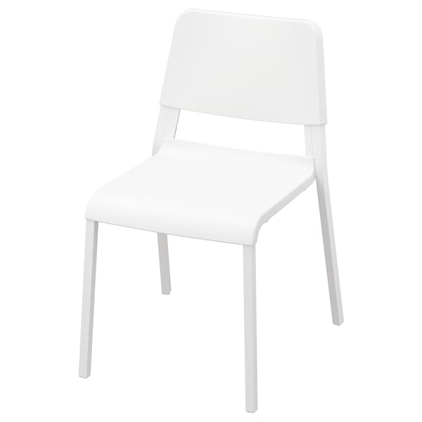 A white TEODORES chair, a lightweight plastic seat and backrest with metal legs. Its stackable and sturdy.