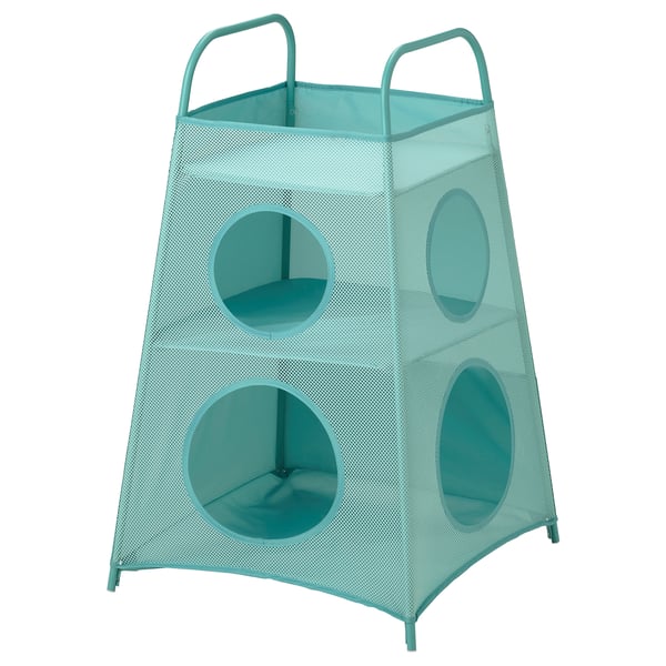 TIGERFINK turquoise mesh toy storage, square, four circular openings, two handles.