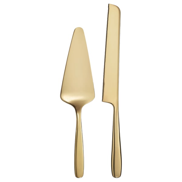 Gold-colored TILLAGD serving set includes a cake slice and knife with sleek, stainless steel design.