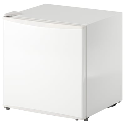 Small white fridge, compact design, glossy finish, four legs, ideal for small spaces.