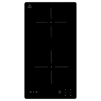 Black portable induction hob with two cooking zones, touch controls, and a sleek design. Ideal for small kitchens, easy to move and stow.