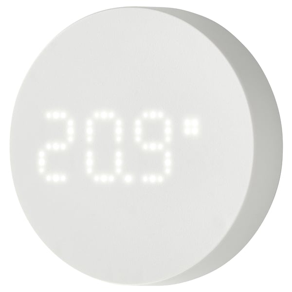 Round white smart temperature and humidity sensor. Displays readings on screen. Made of abs plastic.