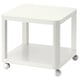 A white TINGBY rolling side table with a square top and bottom shelf, four wheels, and a minimalist design.