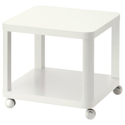 A white TINGBY rolling side table with a square top and bottom shelf, four wheels, and a minimalist design.