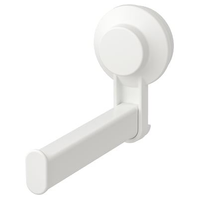 A white TISKEN toilet paper holder. Its wall-mounted with suction cups, no drilling needed. The holder an arm holding the roll.