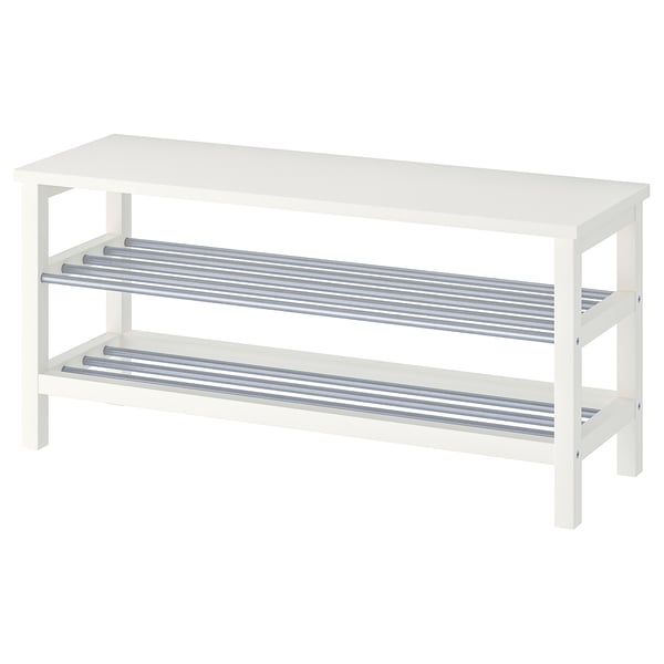 White TJUSIG shoe rack, wood & metal, two-tier design.