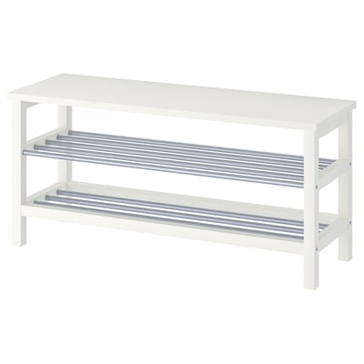 White TJUSIG shoe rack, wood & metal, two-tier design.