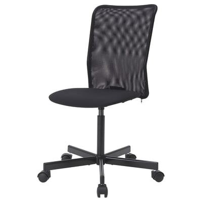 A black TOBERGET office chair. It a mesh back, adjustable height, and five casters for easy movement.