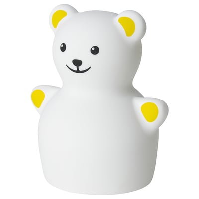 TÖVÄDER bear night light, white with yellow accents, soft glow, child-friendly design.