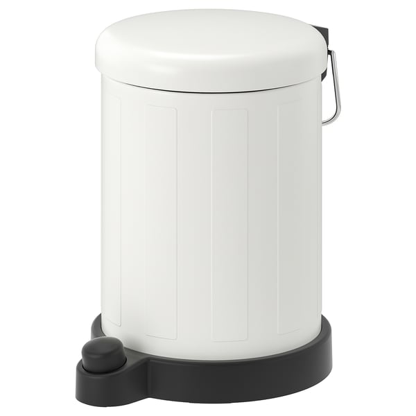 TOFTAN white pedal bin, round, steel, plastic base, black pedal, sleek design.