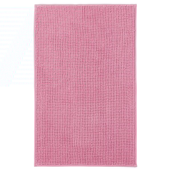 Pink TOFTBO bath mat, featuring cloud-like softness, quick-drying microfiber, and a rectangular shape with a textured surface.